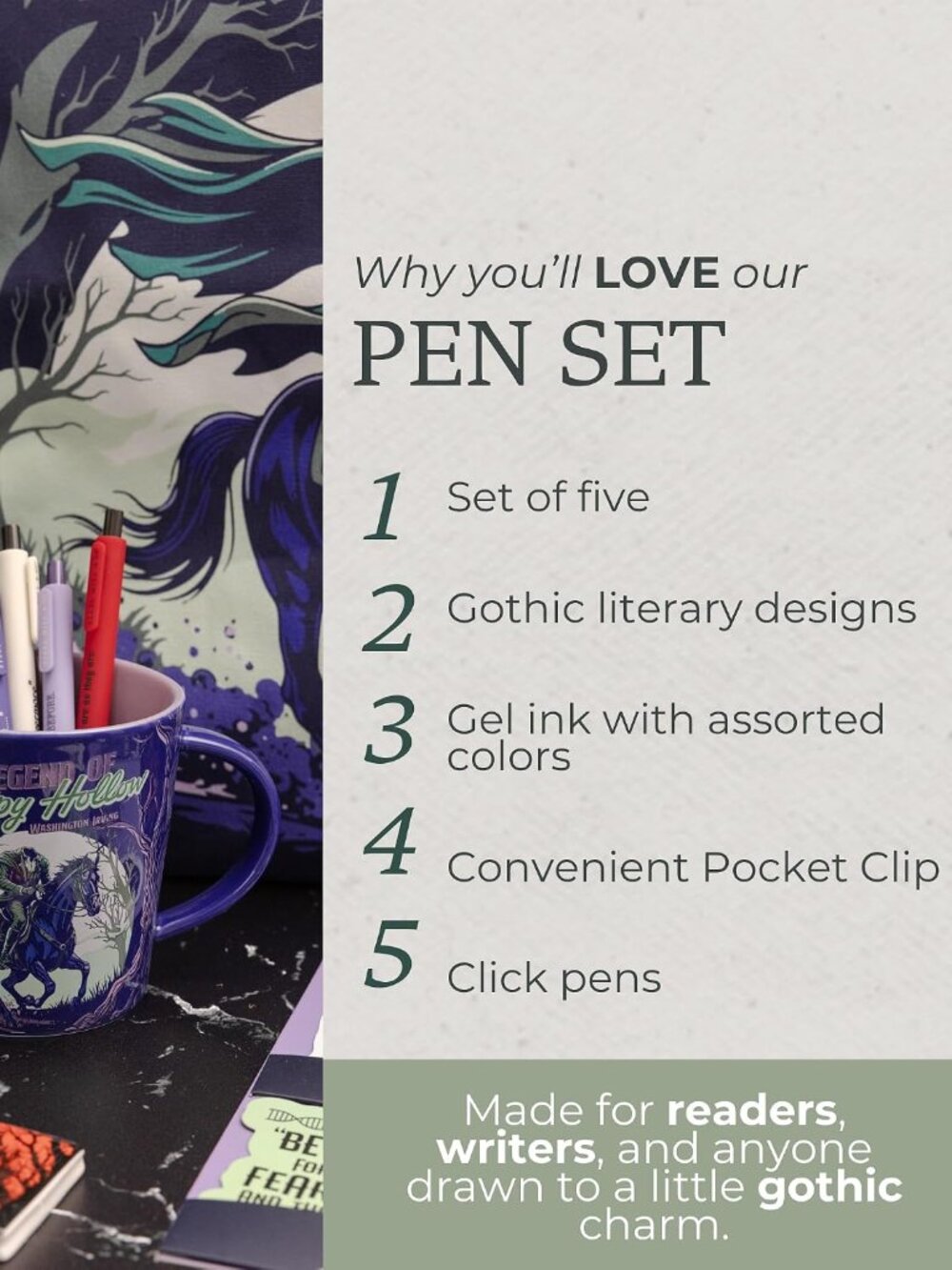 Steel Mill & Co. Gel Pen Set of 5, Gothic Book Titles - Picture 2 of 3